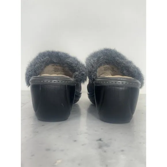 SOFTWALK Mule Clog Women 9 M Dark Gray Suede Faux Fur Trim Wedge Slip-On EUC