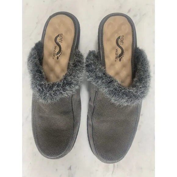 SOFTWALK Mule Clog Women 9 M Dark Gray Suede Faux Fur Trim Wedge Slip-On EUC
