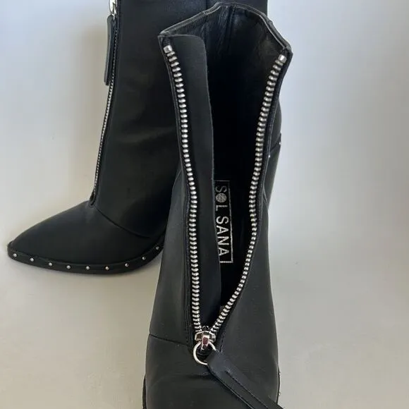 Sol Sana Axel Booties Black Leather Rivets Block Heels 38 7.5 US