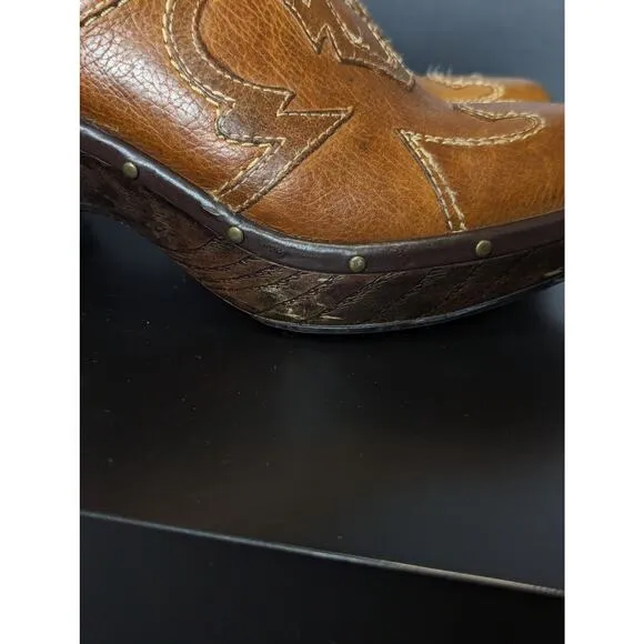 Sonora Western Leather Clogs Womens 6 Southwestern Slip On Heels Shoes Brown