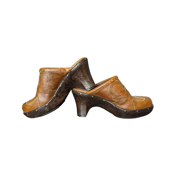 Sonora Western Leather Clogs Womens 6 Southwestern Slip On Heels Shoes Brown