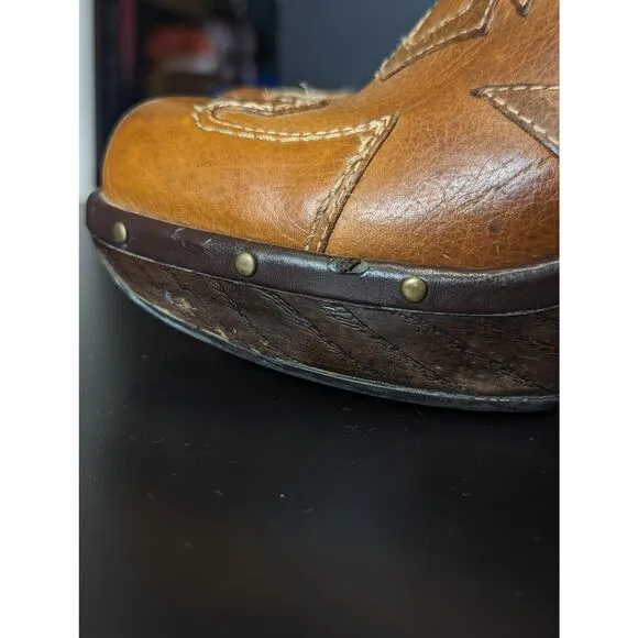 Sonora Western Leather Clogs Womens 6 Southwestern Slip On Heels Shoes Brown