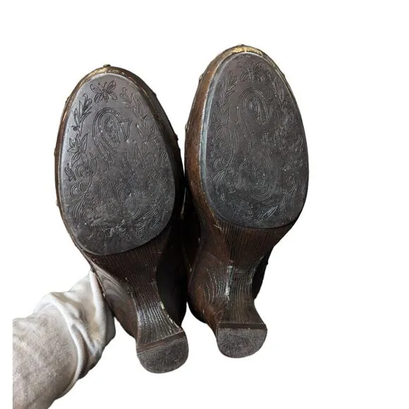 Sonora Western Leather Clogs Womens 6 Southwestern Slip On Heels Shoes Brown