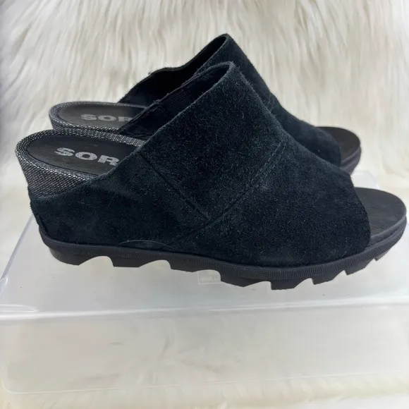 Sorel Black Mules with Plush Fabric and Thick Sole