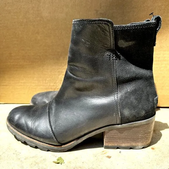 Sorel Cate Ankle Bootie Leather Waterproof Side Zipper Block Heels Black 11