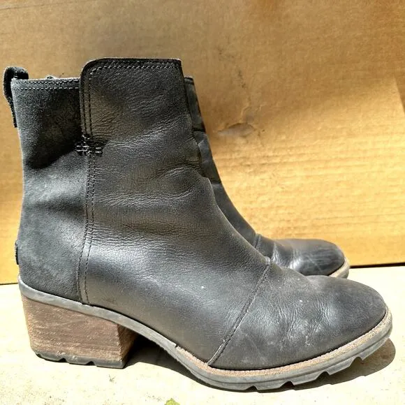 Sorel Cate Ankle Bootie Leather Waterproof Side Zipper Block Heels Black 11