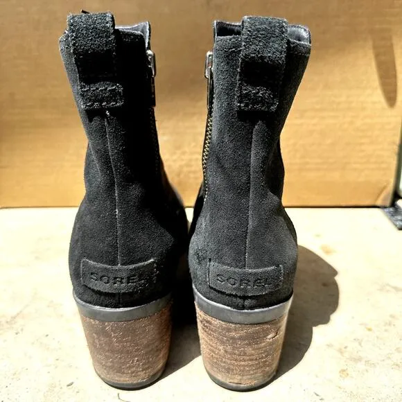 Sorel Cate Ankle Bootie Leather Waterproof Side Zipper Block Heels Black 11