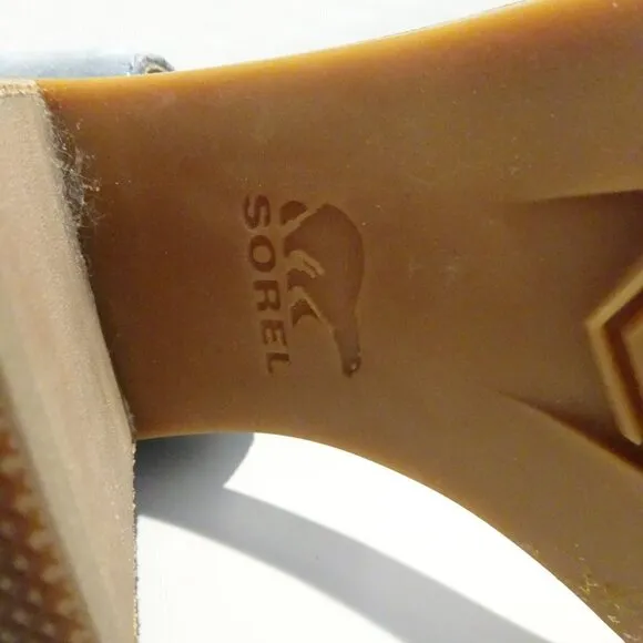 SOREL Nadia Gray Blue Brown Block Heel Sandals Heels Ankle Strap Leather Sz 8.5