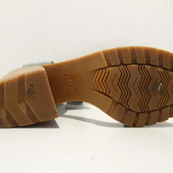 SOREL Nadia Gray Blue Brown Block Heel Sandals Heels Ankle Strap Leather Sz 8.5
