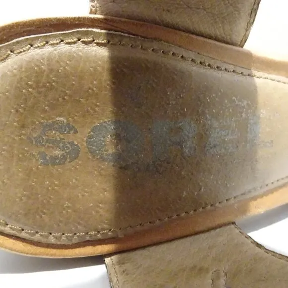 SOREL Nadia Gray Blue Brown Block Heel Sandals Heels Ankle Strap Leather Sz 8.5