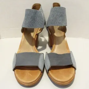SOREL Nadia Gray Blue Brown Block Heel Sandals Heels Ankle Strap Leather Sz 8.5