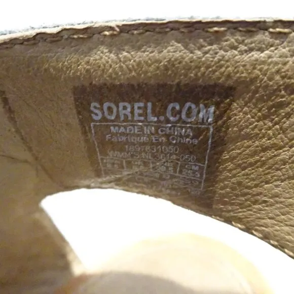 SOREL Nadia Gray Blue Brown Block Heel Sandals Heels Ankle Strap Leather Sz 8.5