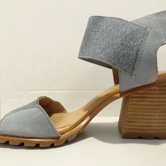 SOREL Nadia Gray Blue Brown Block Heel Sandals Heels Ankle Strap Leather Sz 8.5