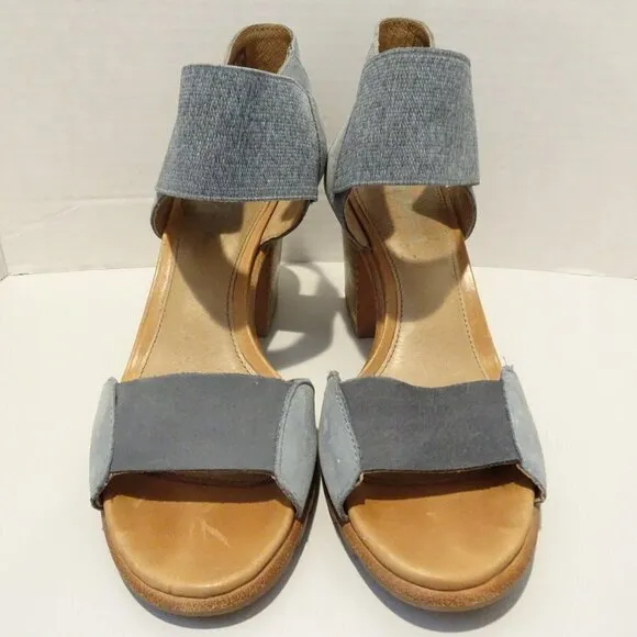 SOREL Nadia Gray Blue Brown Block Heel Sandals Heels Ankle Strap Leather Sz 8.5