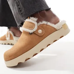 Sorel Viibe Cozy Faux Fur Suede Clogs in Tawny Buff and Natural