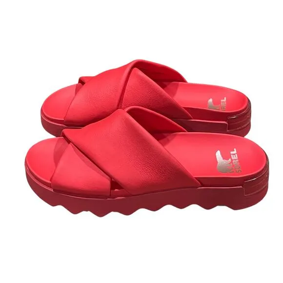 Sorel Viibe Slide Sandal Leather Womens Size 10.5 Red NEW