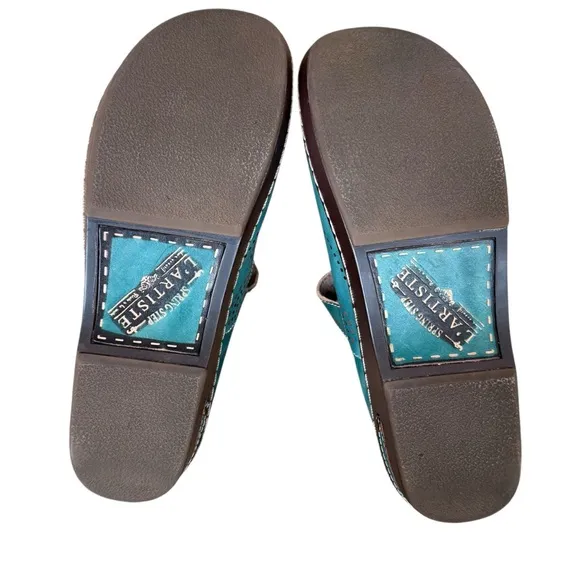 Spring Step L'Aritiste Aneria Turquoise Leather Mary Jane Clogs Women's EU 43