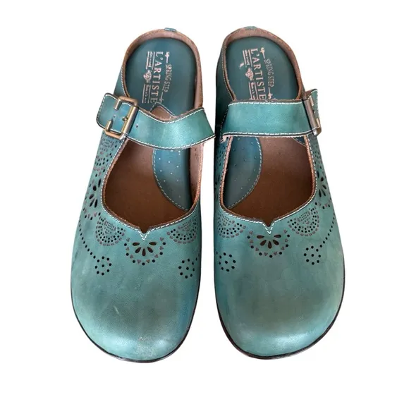 Spring Step L'Aritiste Aneria Turquoise Leather Mary Jane Clogs Women's EU 43