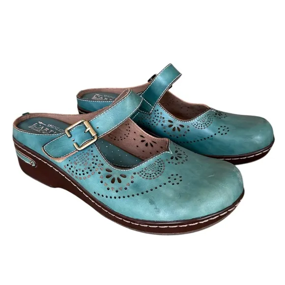 Spring Step L'Aritiste Aneria Turquoise Leather Mary Jane Clogs Women's EU 43