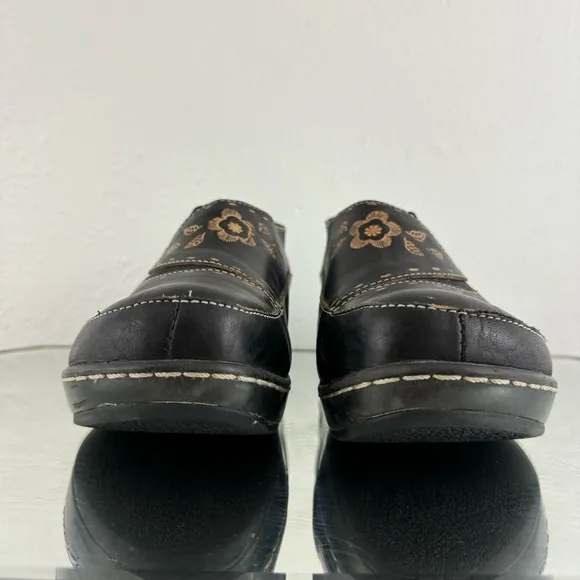 Spring Step L’Artiste Brown Black Tooled Leather Burbank Floral Slip On Clogs