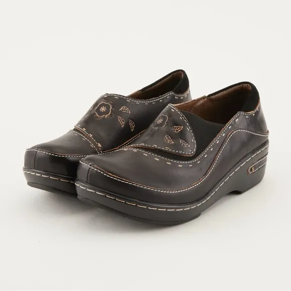 Spring Step L’Artiste Brown Black Tooled Leather Burbank Floral Slip On Clogs