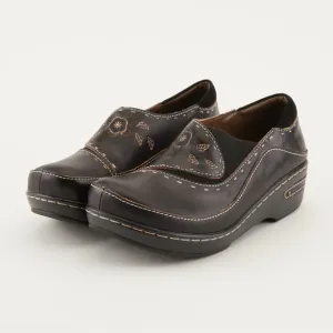 Spring Step L’Artiste Brown Black Tooled Leather Burbank Floral Slip On Clogs