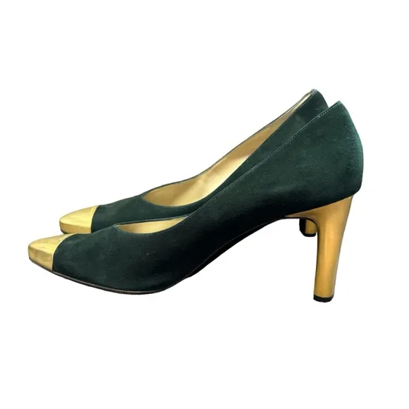 ST JOHN Womens Black Suede/Leather Made In Italy Gold Metal Toe/Heels Size 11