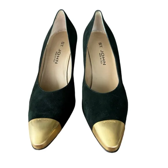 ST JOHN Womens Black Suede/Leather Made In Italy Gold Metal Toe/Heels Size 11