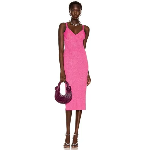 Staud Quartz Metallic Pink Lurex Midi Slip Dress Party Cocktail Bodycon Large
