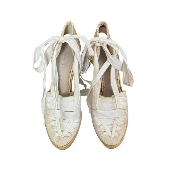 Stella McCartney white canvas espadrille tie up block heel wooden sole clogs