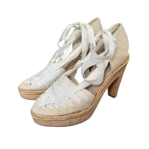 Stella McCartney white canvas espadrille tie up block heel wooden sole clogs