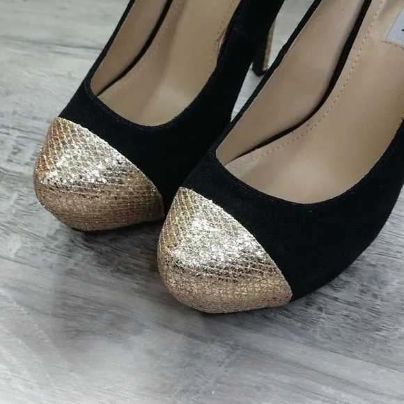 Steve Madden Black Suede and Gold Platform Heels