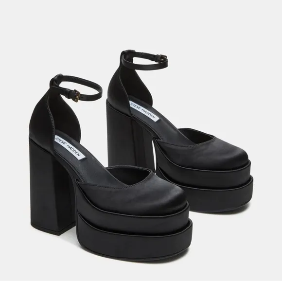 Steve Madden Charlize Black Satin Platform Heels | Size 6.5