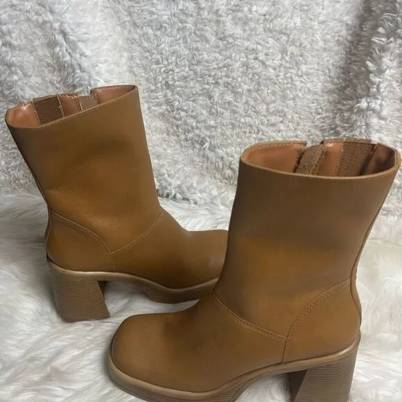 Steve Madden Fantasy Leather Tan  Square Toe Mid-Calf platform block heels SZ10M