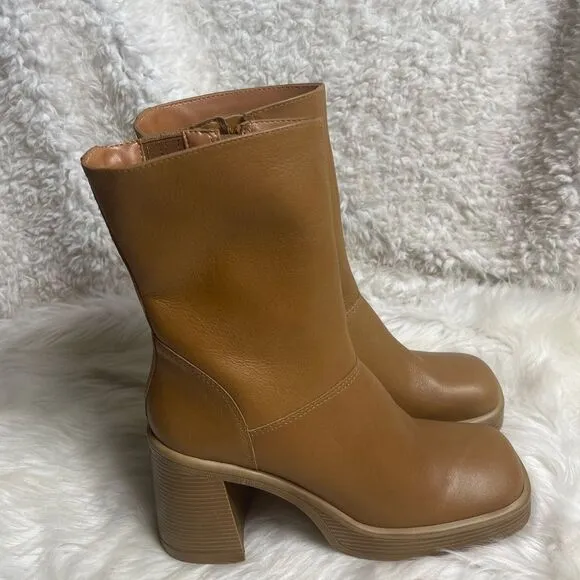 Steve Madden Fantasy Leather Tan  Square Toe Mid-Calf platform block heels SZ10M