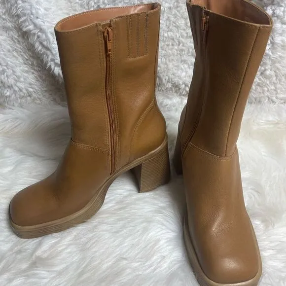 Steve Madden Fantasy Leather Tan  Square Toe Mid-Calf platform block heels SZ10M
