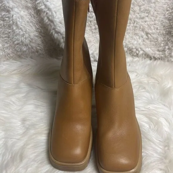 Steve Madden Fantasy Leather Tan  Square Toe Mid-Calf platform block heels SZ10M