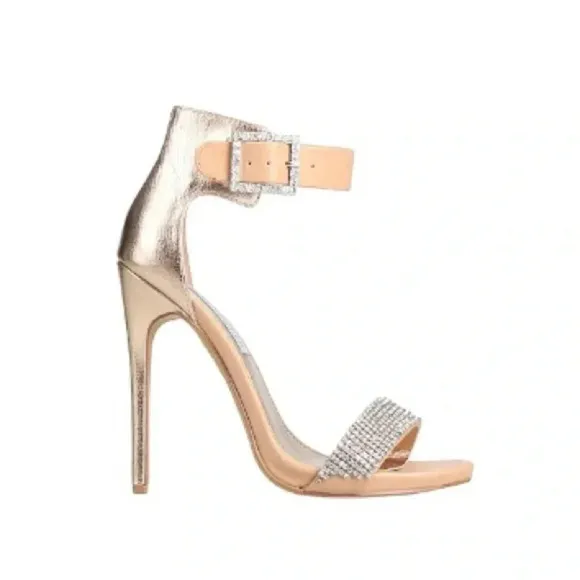 STEVE MADDEN | Gold/Tan/Silver Rhinestone Strap Open Toe Chrome Stiletto Size 9M
