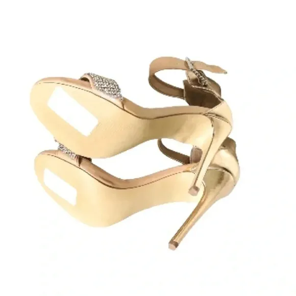 STEVE MADDEN | Gold/Tan/Silver Rhinestone Strap Open Toe Chrome Stiletto Size 9M