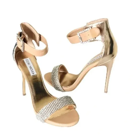 STEVE MADDEN | Gold/Tan/Silver Rhinestone Strap Open Toe Chrome Stiletto Size 9M