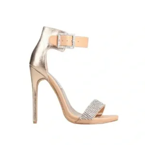 STEVE MADDEN | Gold/Tan/Silver Rhinestone Strap Open Toe Chrome Stiletto Size 9M