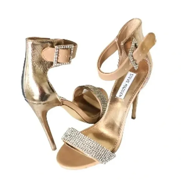 STEVE MADDEN | Gold/Tan/Silver Rhinestone Strap Open Toe Chrome Stiletto Size 9M