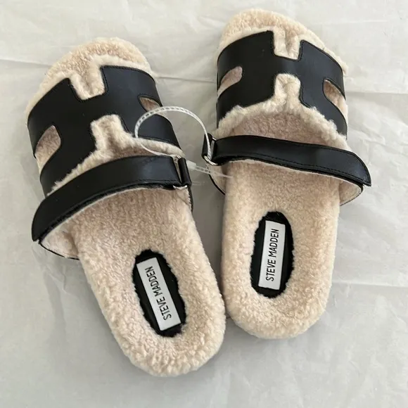 STEVE MADDEN MAYVEN FAUX FUR BLACK LEATHER SANDALS