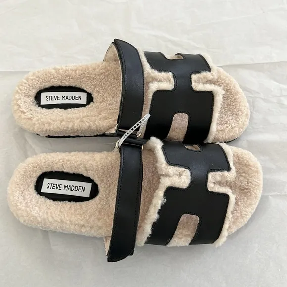 STEVE MADDEN MAYVEN FAUX FUR BLACK LEATHER SANDALS