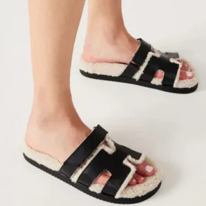 STEVE MADDEN MAYVEN FAUX FUR BLACK LEATHER SANDALS