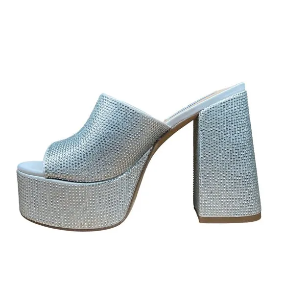 Steve Madden Silver Rhinestone Dressy Peep-Toe Platform Block Heels Size 7M