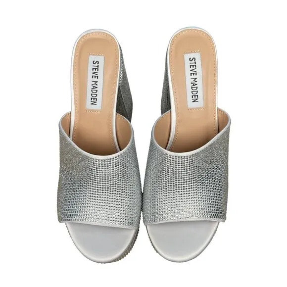 Steve Madden Silver Rhinestone Dressy Peep-Toe Platform Block Heels Size 7M