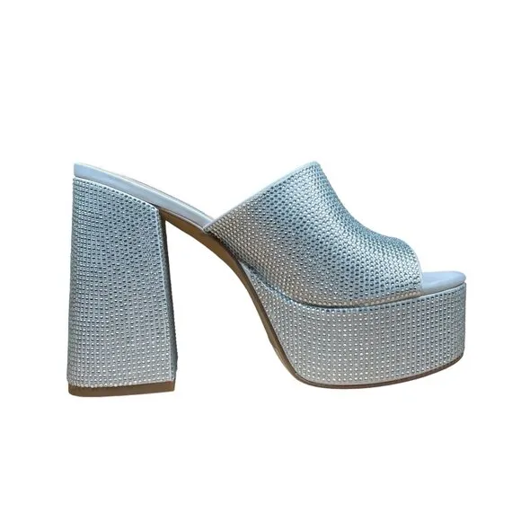 Steve Madden Silver Rhinestone Dressy Peep-Toe Platform Block Heels Size 7M