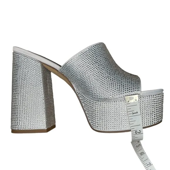 Steve Madden Silver Rhinestone Dressy Peep-Toe Platform Block Heels Size 7M