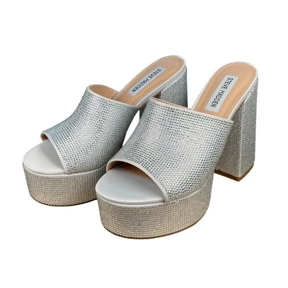 Steve Madden Silver Rhinestone Dressy Peep-Toe Platform Block Heels Size 7M